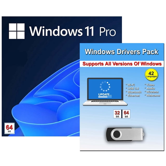 Windows 11 Professional 32/64 Bit with Key Install Repair Restore Recover USB Flash Drive & Drivers Pack, 2PK. The image shows the product packaging, including a Windows 11 Pro logo and a USB flash drive. The drivers pack supports all versions of Windows and includes features like Wi-Fi, USB 3.0, Bluetooth, Ethernet, video, audio, wireless, and webcams. Designed for system installation, repair, recovery, and driver updates.