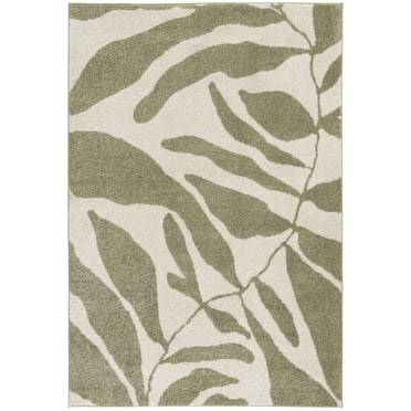 Tapis Mainstays à motif floral, poils courts, base ivoire et feuilles vertes, 152 x 213 cm, recommandé pour le salon, la salle à manger et la chambre.