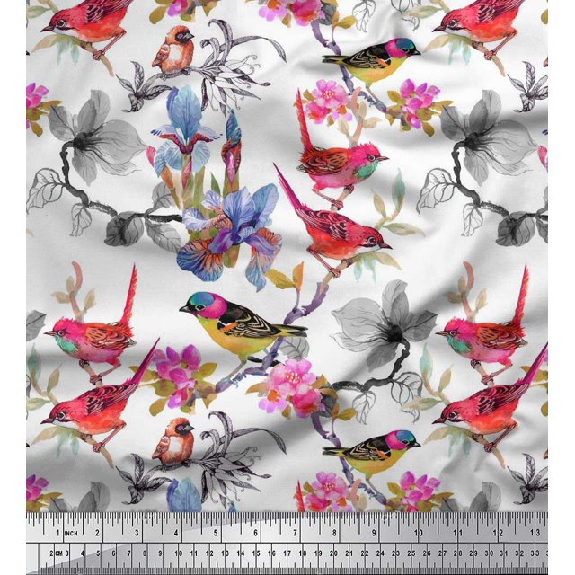 Soimoi Polyester Crepe Fabric Floral & Sparrow Bird Print Sewing Fabric Yard 52 Inch Wide