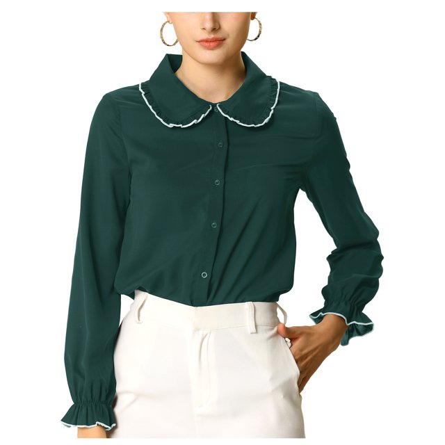INSPIRE CHIC Women's Sweet Ruffle Peter Pan Collar Button Up Work Shirts