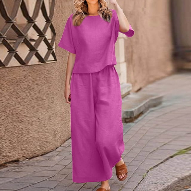 Tenues d'Été en Coton et Lin 2 Pcs pour Femmes, Ensembles 2 Pcs en Coton et Lin pour Femmes avec Hauts Courts à Bretelles et Pantalons à Jambes Larges, Tenues Décontractées Amples Unies à Col Rond et Manches Courtes