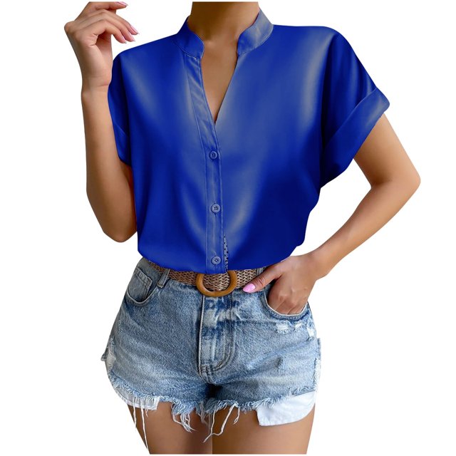 Birdeem Hauts pour Femmes de Couleur Unie à Boutons T-Shirts à Col en V Blouse