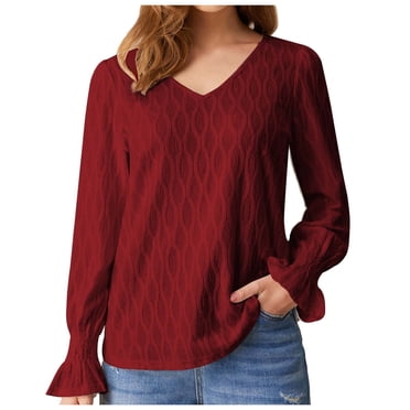 HUITKMM Long Sleeve Women 2024 Ladies Autumn Winter Europe and The United States Fashion Solid Color V Neck Long Sleeve T Shirt