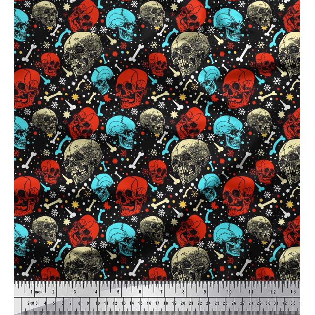 Soimoi Poly Georgette Fabric Bone,Floral & Skull Halloween Print Fabric by Yard 52 Inch Wide