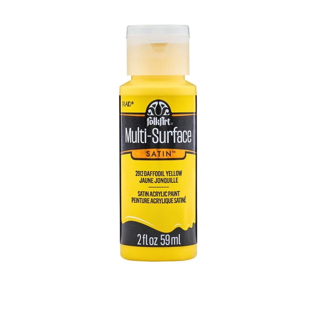 FolkArt Multi-Surface Satin Acrylic Paint 2 fl. oz. in daffodil yellow, a plastic bottle with flip-top cap containing satin finish acrylic paint for multi-surface use on wood, canvas, glass, fabric, and ceramics, ideal for detailed craft projects and indoor or outdoor applications.