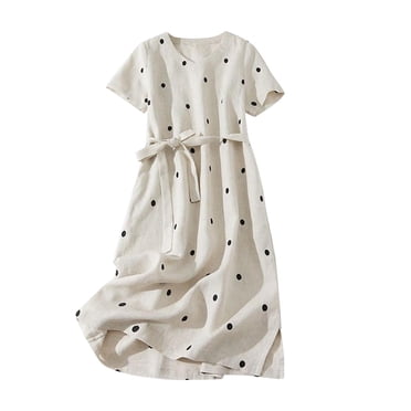 Pisexur Womens Dresses Fashion Solid Color Cotton Linen Dress Casual Tunic Drawstring Maxi Dress Short Sleeve Round Neck Sundress Summer Loose Beach Dress Flowy Polka Dot Long Dresses