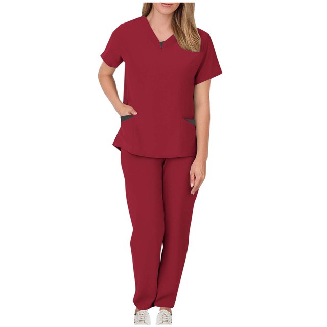 Women Scrub Sets, V Neck Medical Uniform Top with Pockets, Drawstring Scrub Pants, Nurse Uniform Sets for Work, Casual Two-Piece Outfits