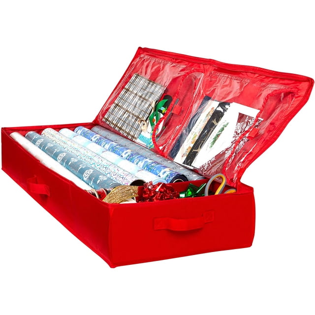 Wrapping paper storage organizer bag by HOLDN' STORAGE, designed to fit up to 40-inch gift wrap rolls. The durable red bag features tear-resistant 600D material, clear zippered compartments for accessories, and handles for easy transport. Holds up to 27 rolls of 1 3/8-inch diameter or 12 rolls of 2-inch diameter. Perfect for Christmas and year-round wrapping paper storage, crafts organization, and underbed storage.