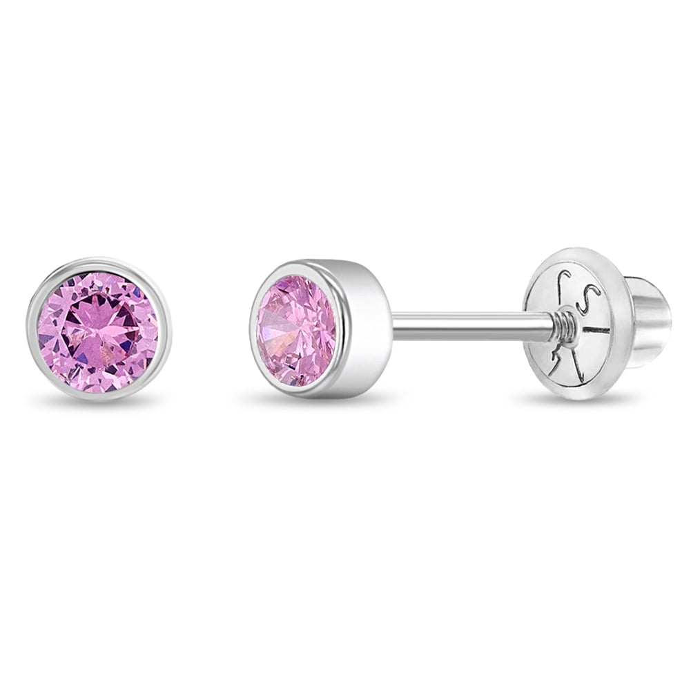 Bezel Set Simulated Tourmaline Toddler Screw Back Earrings 14k White Gold