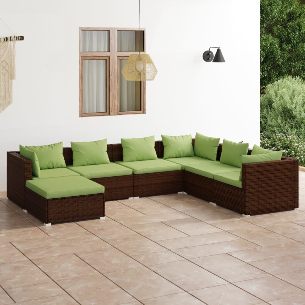 vidaXL 7 Piece Garden Lounge Set with Cushions Poly Rattan Brown