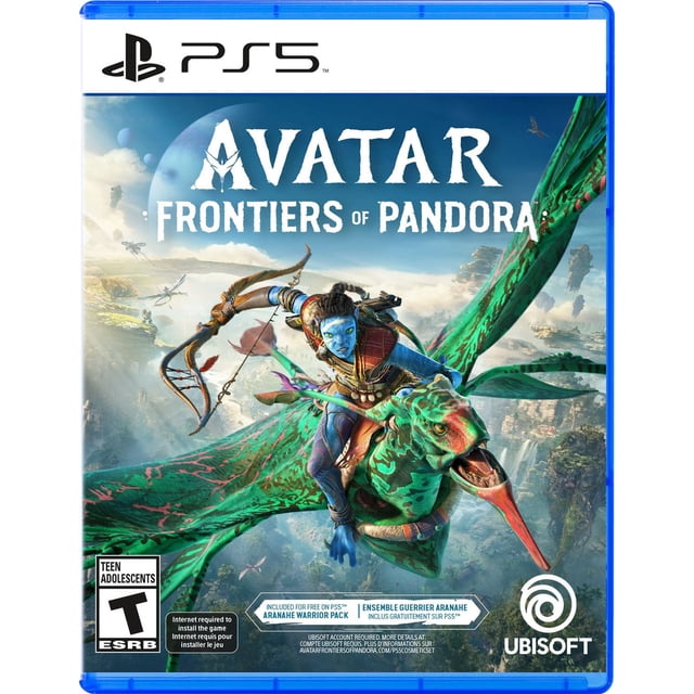 Avatar : Frontiers of Pandora PlayStation 5 Couverture de Jeu Montrant un Guerrier Na'vi Chevauchant une banshee Verte et turquoise avec des accents Rouges, Tenant un Nœud, Volant au-Dessus d'Un Monde Ouvert Luxuriant et Montagneux avec des Îles Flottantes et une Grande Lune dans le Ciel.