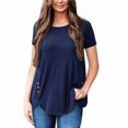 thumbnail image 5 of Femmes T-shirt Couleur Unie Bouton Col Rond Court Couleur Unie Top Femmes Chemisier, Bleu Foncé, S, 5 of 5