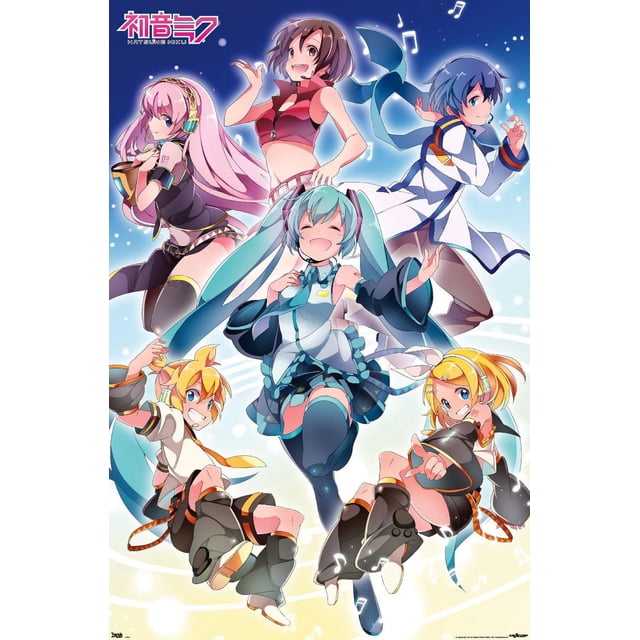 Hatsune Miku - Group Wall Poster, 14.725" x 22.375", featuring six Vocaloid characters in anime style on glossy poster paper. Central is Hatsune Miku with teal twin tails, wearing a white and teal outfit with a short skirt and thigh-high stockings. Surrounding her are a pink-haired girl with headphones in black, a red crop top girl, a blonde boy in white and orange, a blonde girl in black and orange, and a blue-haired character in a white and blue coat. Musical notes float around them on a blue and white gradient background. Suitable for decorating bedrooms, offices, dorms, or party spaces.