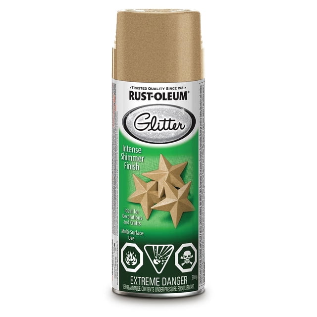 Rust-Oleum Peinture Pailletée Spécialisée en or, Peinture en Aérosol en Vaporisateur 290 g pour l'Avant, Peut Montrer de Fines Particules de Paillettes Dorées; Formule Pailletée Spécialisée pour Projets d'Artisanat et décor de Maison, Debout sur un Fond Neutre, Convient au Bois, au Métal, au Verre, à la Céramique, au Plastique et au Papier. Utilisée Souvent pour Embellir des Cadres Photo Ou des Ornements de Fête.