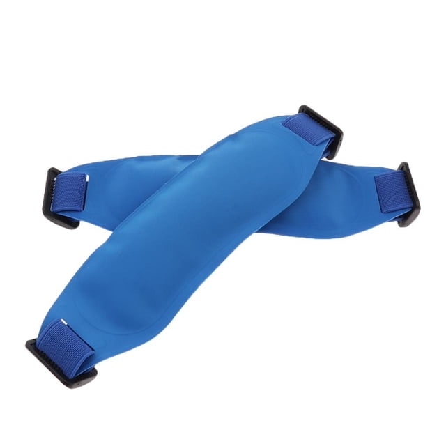 Milaget 2PCS Nursing Kids Adults Fever Cooling Reusable PVC Ice Pack Wrap Brace with gel beads, shown in blue. The packs are compact, measuring approximately 15.5x5.5x2cm (6.1x2.2x0.8 inches), and feature adjustable straps for secure application. Designed for first aid, fever cooling, and pain relief, they are lightweight and portable for convenient use. Includes two pieces.