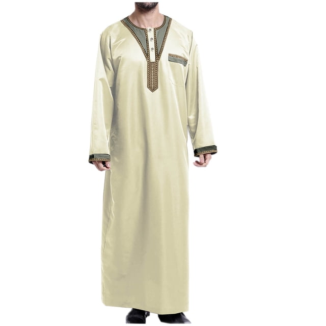 Men's Muslim Robe Retro Islamic Arab Kaftans for Men Eid Muslim Thobe Dubai Ramadan Daily Clothes, Muslim Shirt Robe with Pockets