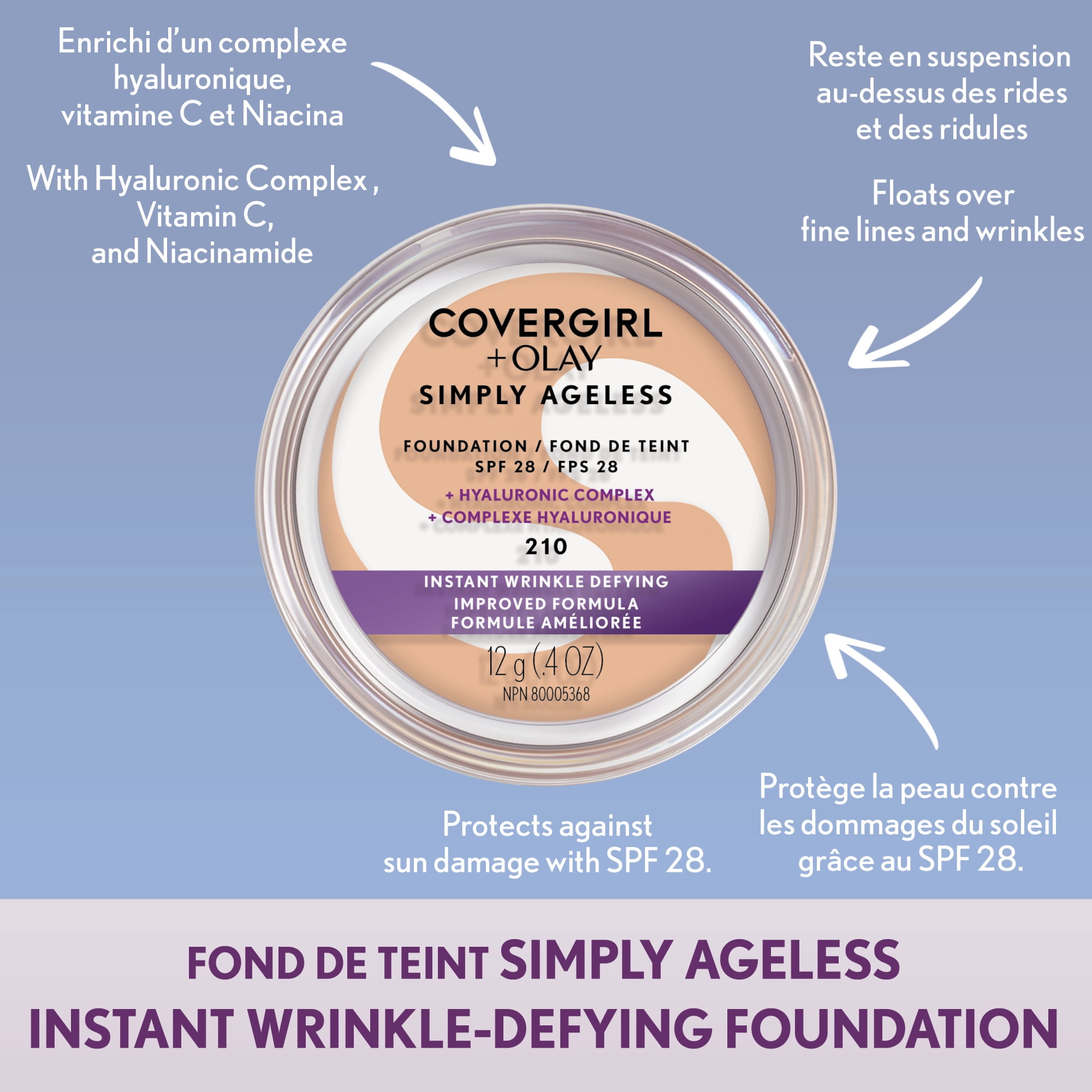 COVERGIRL Fond de teint Simply Ageless Instant Wrinkle Defying avec complexe hyaluronique, vitamine C et niacinamide - SPF 28, 100% sans cruauté