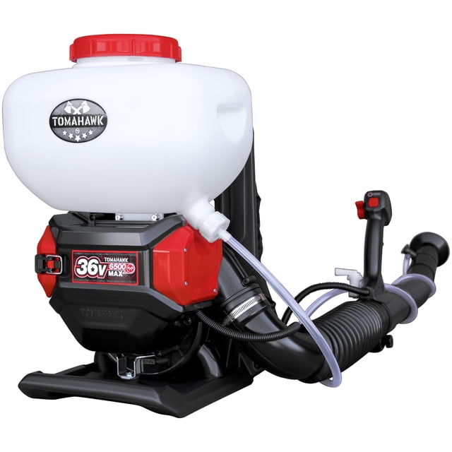 4 Gal Battery Powered Backpack Mosquito Fogger 36V Leaf Blower for Pest Control by Tomahawk Power. Features a 36V/7.5Ah Lithium-Ion battery, a 4-gallon tank, and a flexible hose with a nozzle for precise spraying. Designed for pest control and leaf blowing, it sprays up to 25 feet and delivers 310 CFM at 150 MPH. The white tank is mounted on a red and black backpack frame with ergonomic straps for comfort.