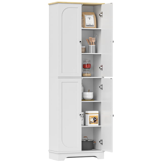 HOMCOM Armoire de Garde-Manger de 72 Pouces, Armoire de Garde-Manger de Cuisine avec 4 Portes, Blanc. Présente un design Moderne avec des Portes Encastrées Arquées et un Dessus Naturel. Comprend Deux Armoires à Trois Niveaux avec des Tablettes Ajustables pour un Rangement flexible. Faite de Panneau de Particules durable et de MDF avec une surface en Placage. Les Portes Magnétiques Assurent une Fermeture Sécurisée, et la Conception Anti-Basculement Améliore la Sécurité. Dimensions : 23.6 Pouces L x 11.8 Pouces P x 72 Pouces H.