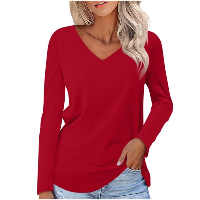 FAIWAD Women's V Neck Long Sleeve Tunic Tops Casual Solid Color Basic Lightweight Pullover Tops