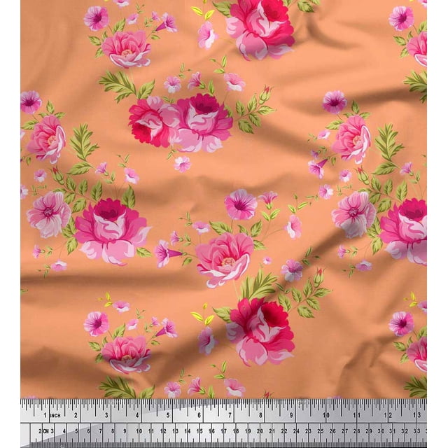 Soimoi Tissu Poly Georgette Feuilles, Roses et Pivoines Imprimés Floraux au Mètre 52 Pouces de Large
