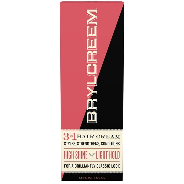 Brylcreem Hair Cream in a red and black box, 4.5 fl. oz. (132 ml), a 3-in-1 formula that styles, strengthens, and conditions hair with high shine and light hold for a classic look, ideal for men's hair care and grooming.