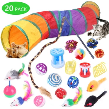 Semfri 20 Pcs Jouets pour Chat Ensemble de Jouets pour Chaton Tunnel pour Chat Pliable Camouflage Jouets Interactifs pour Animaux de Compagnie d'Intérieur Jouet Teaser Plume pour Chat Souris Colorée Balle en Peluche Balle à Grelot Kit de Jouet Chaton Chiot (Coloré)