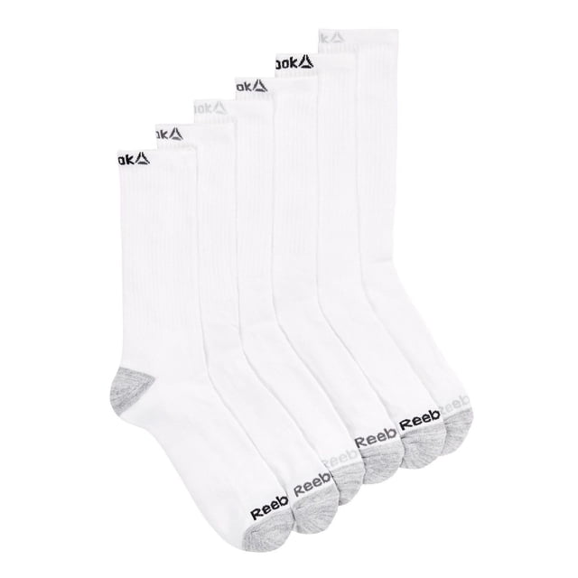 Reebok 6pk crew sock set of six white boys' crew socks with grey cushioned heels and toes, black Reebok logo on toes and near top cuff, featuring stretch performance and moisture control, size 6-12.5, ideal for active wear and everyday comfort.