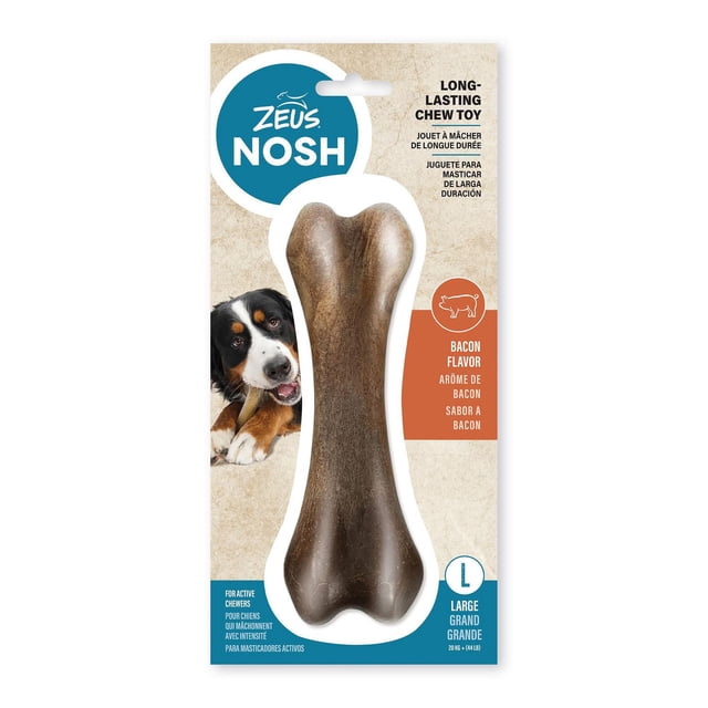 Zeus NOSH Strong Chew Bone for Dogs, Bacon Flavor, Large, in packaging showing a large brown durable nylon chew bone designed for active chewers to satisfy natural chewing instincts, promote oral hygiene, and prevent boredom.