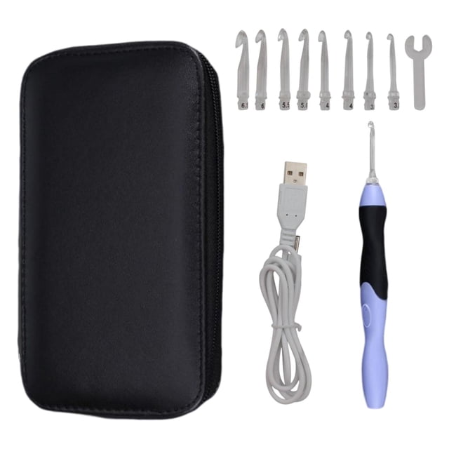 yuksok 9 Sizes Lighted Crochet Hooks Set with 9 interchangeable heads (2.5mm to 6.5mm), ergonomic handle, and USB rechargeable design. Includes a black storage case, wrench, USB cable, and luminous hooks with adjustable brightness levels for crafting in various lighting conditions. Ideal for crochet enthusiasts and suitable for travel or organizing DIY craft supplies.