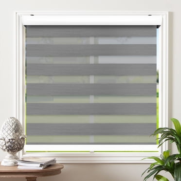 Biltek Zebra Cordless Window Blinds, Dual Layered Light Filtering Roller Shades, Easy Install Blinds, Indoor Home Decor, Pull-Down Shades for Windows, Light Control for Day & Night, Gray, 54"W X 72"H