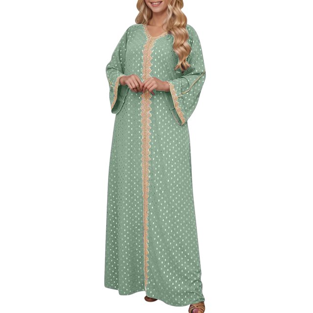 Robe Abaya Musulmane Femme, Caftan à Col en V, Robe de Prière Islamique, Robe Brodée Effet Bronzage, Robe Longue de Soirée pour les Fêtes