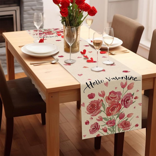 Boovnll Valentines Day Table Runner, 13x47" Valentine's Day Printing Table Runner, Valentines Table Runner for Holiday Kitchen Dining Table, Party Decor, Valentines Day Decorations