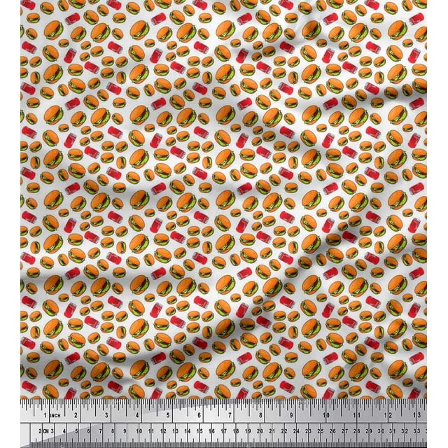Soimoi Moss Georgette Fabric Coke & Burger Food Print Fabric by Yard 42 Inch Wide