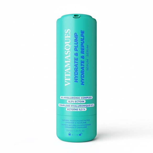 Vitamasques Hydrate & Plump Serum in a turquoise 30ml bottle with white and blue lettering, featuring 6% hyaluronic complex, 0.3% ectoin, natural moisturizing factor, ceramide, and squalane for up to 7 days hydration and plumping fine lines, suitable for layering under makeup.