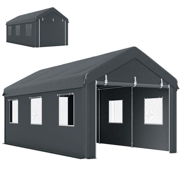 Outsunny 10' x 20' Carport, Heavy Duty Car Port with 6 Window and 2 Doors