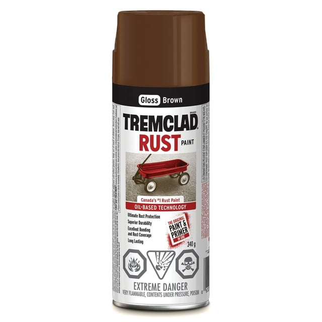 Tremclad Gloss Rust Brown Paint spray can with oil-based rust spray paint technology for superior metal protection, featuring a red wagon image on the label, 340 g size, and extreme danger warnings for flammability and toxicity.