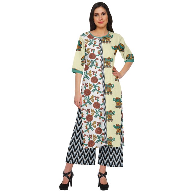 Moomaya Ensemble Décontracté en Viscose Style Santoon pour Femmes, Ensemble Palazzo 2 Pcs, Robe, Tenue Ethnique