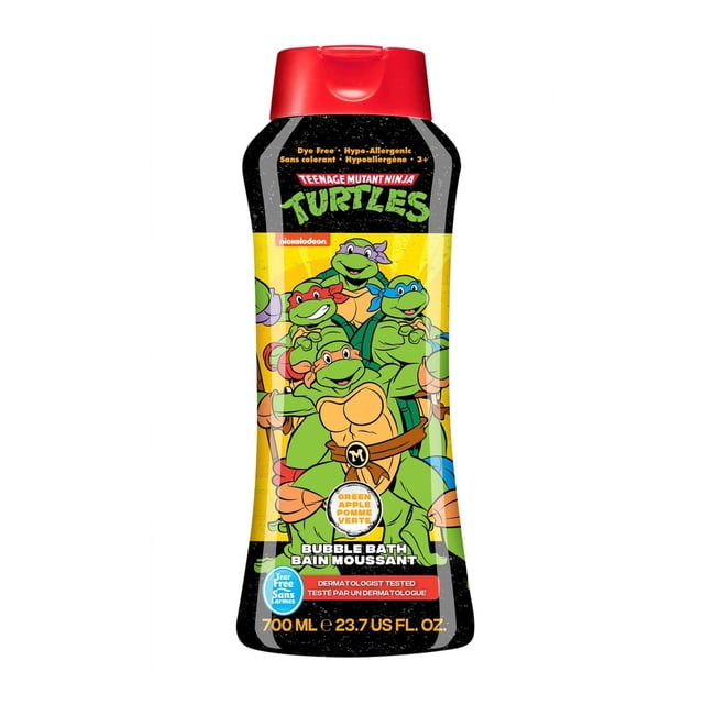 Teenage Ninja Turtles Bubble Bath bottle with a red flip-top cap featuring the four turtles on a yellow background. The 700 mL (23.7 US fl. oz.) green apple scented bubble bath is dermatologist tested, tear free, dye free, and hypoallergenic, perfect for children's bath and shower time with playful bubbles and gentle skin care.