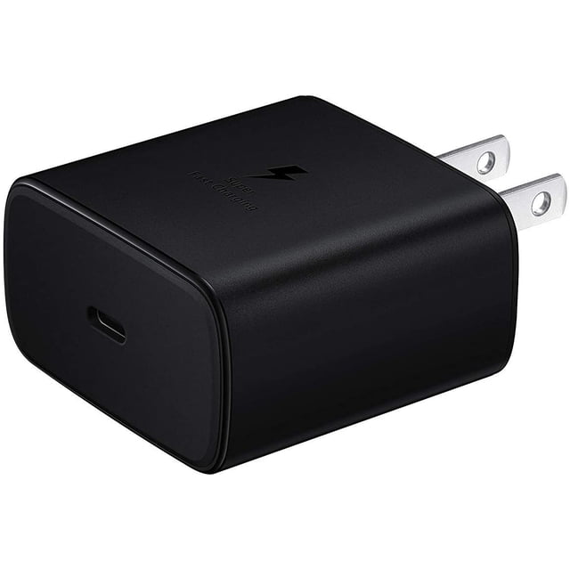 45W Samsung USB-C PD PPS Super Fast Charging Wall Charger Adapter in black, compatible with Galaxy S10, S20, Note 10, Note 20 Ultra, Google Pixel, Moto, and LG devices. Features a USB-C port, compact design, and supports 25W fast charging with PD 3.0 technology for rapid and safe charging.