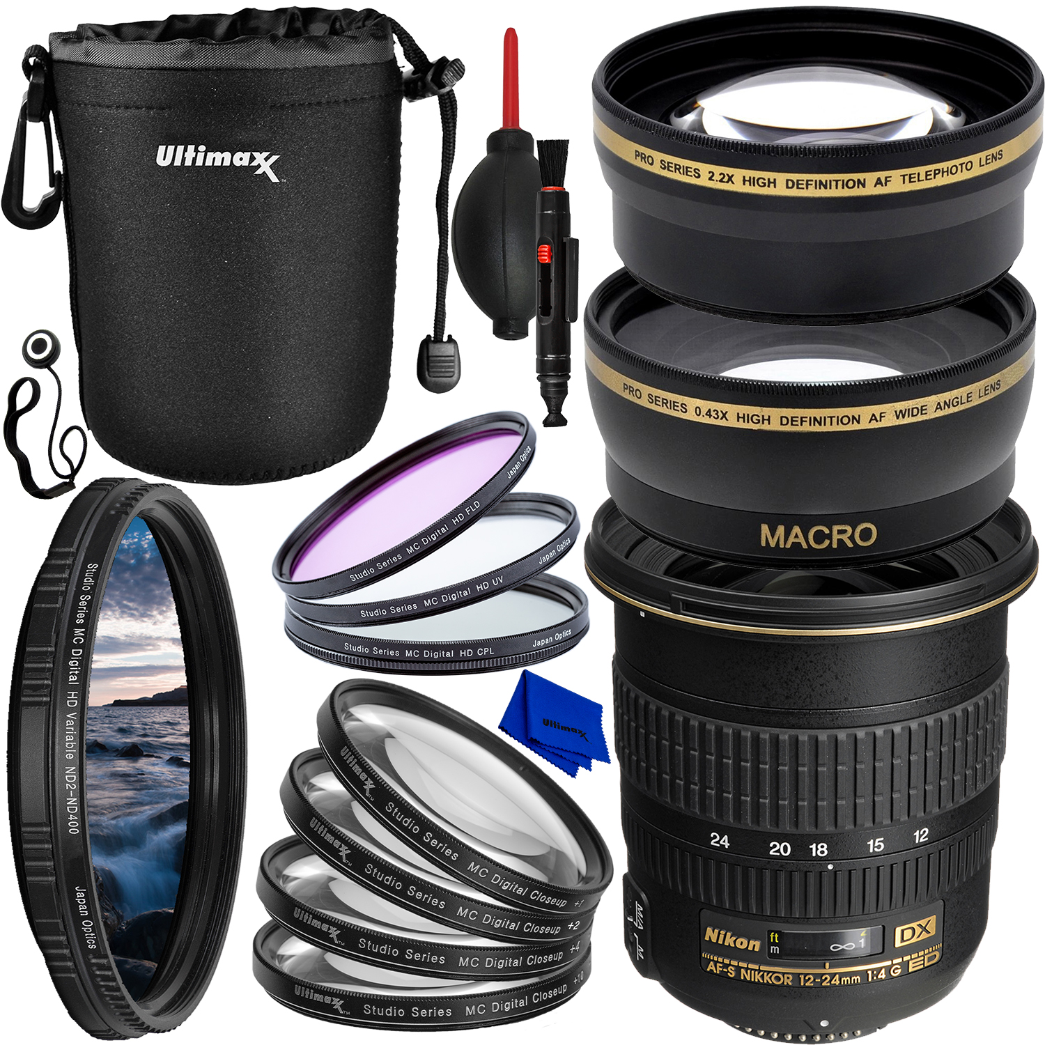 Nikon AF-S DX Zoom-NIKKOR 12-24mm f/4G IF-ED Objectif avec Ensemble Essentiel - Inclut : Pochette d'Objectif Résistante à l'Eau (Moyen), Objectif Téléobjectif Professionnel 2.2X, Filtre à Densité Neutre Variable et Plus