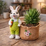 Cagogo Easter Bunny Resin Planter, Cute Garden Decor with Carrot and Floral Details, Indoor Outdoor Plant Pots for Spring Home Decor and Easter Table Centerpiece, Durable Resin Flower Pot
