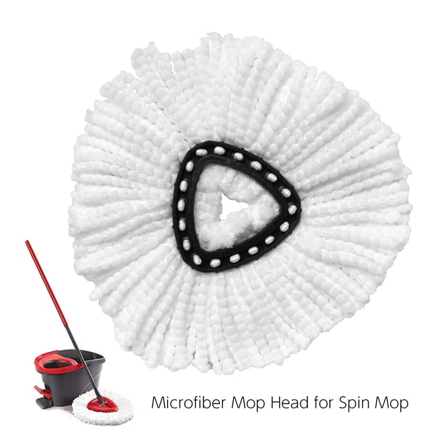 Microfiber Mop Head for Spin Mop Replacement for O-Cedar/ Vileda Mop Head, featuring a durable and washable white microfiber design with a triangular black plastic center. Suitable for 360-degree easy cleaning and compatible with spin mop systems. Ideal for cleaning floors, removing dust, and maintaining a clean home. Can also be used for car washing. Includes a red and black spin mop bucket in the background.