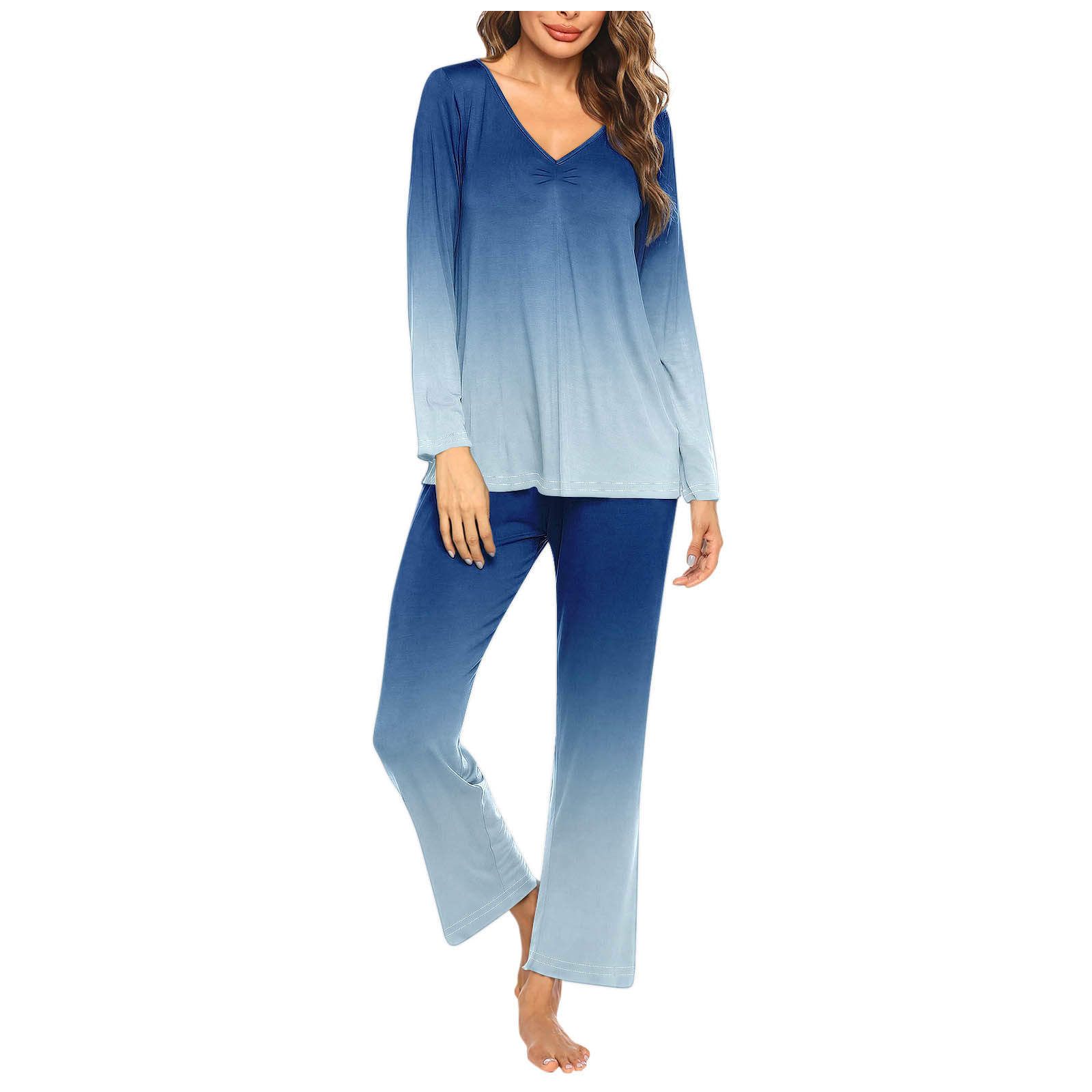 Timegard Ensembles de Pyjamas pour Femmes 2 Pcs Confortables Couleur Dégradée Manches Longues Col en V Haut et Pantalon Tenues de Pjs