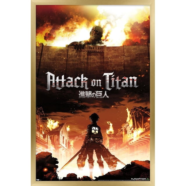 Attack on Titan - Fire Wall Poster, 22.375" x 34" depicts a silhouetted anime character with dual swords standing in a burning village, facing a colossal Titan looming over a tall stone wall under a fiery sky, printed on glossy paper suitable for anime-themed room decor.