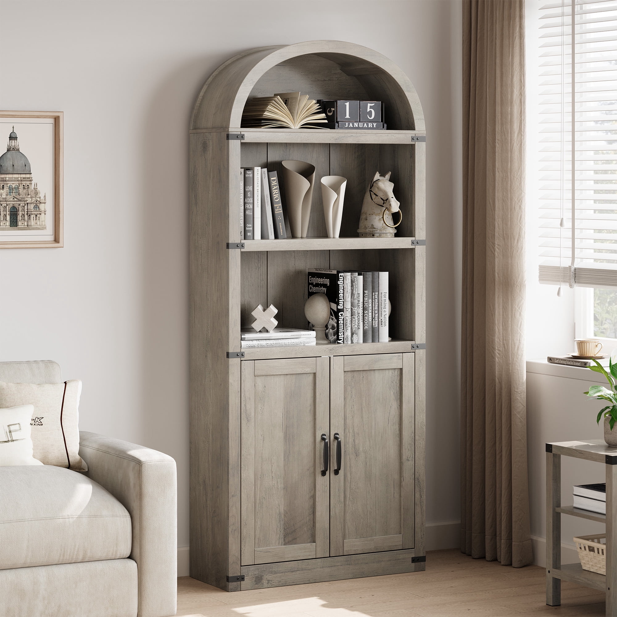 71" Tall Wooden Bookshelf, Large Open Display Bookcase with Ample Storage, Floor Standing Book Shelf for Living Room, Home Office, Bed Room（Grey，2-door model）