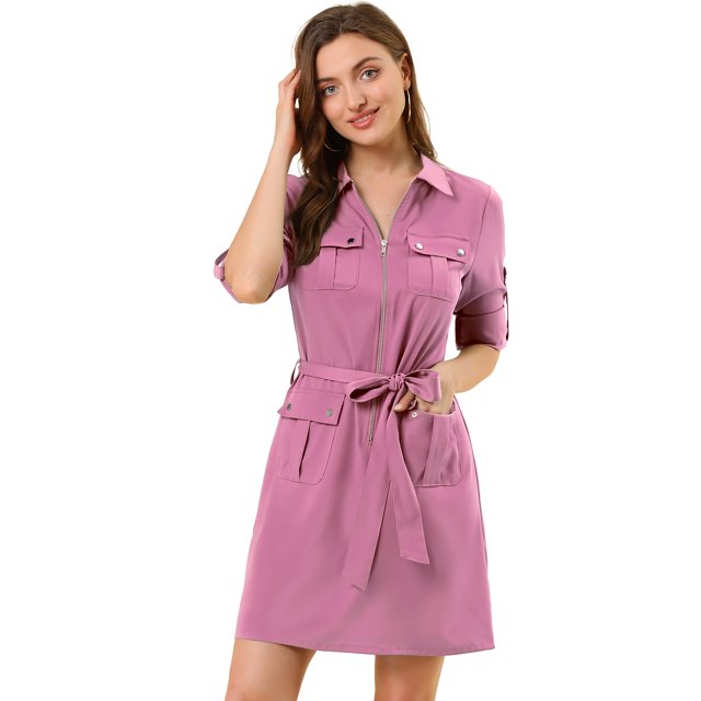 INSPIRE CHIC Robe Chemise à Manches Retroussables Multi-Poches avec Ceinture pour Femmes