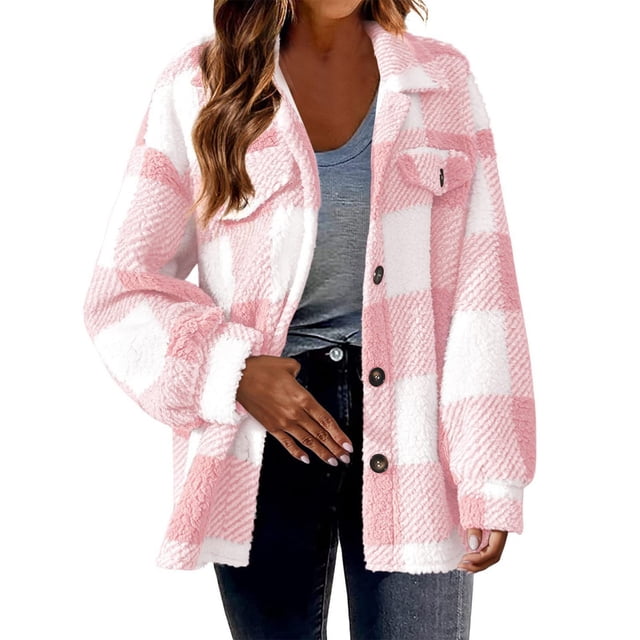 Timegard Womens Jacket Plus Size Plaid Stand Collar Button down Fleece Hooded Jacket Winter Fuzzy Warm Coat