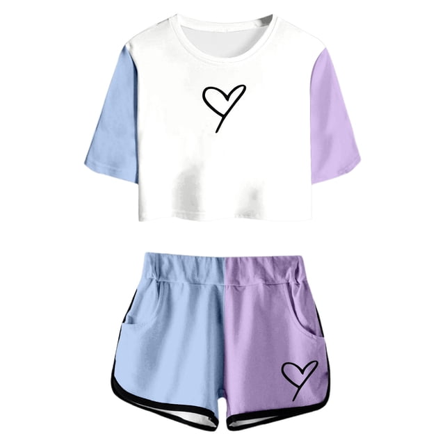 Hiiyo Ensembles d'Été pour Petites Filles, T-Shirt à Manches Courtes à Blocs de Couleur et Short, Tailles 6-7a