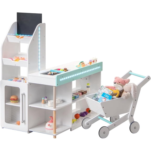 OLAKIDS Kids Grocery Store Playset, Wooden Pretend Play Supermarket with LED Lights Manual Conveyor Belt Play Food Accessories Blackboard Cash Register, Market Stand Toy for Toddler Boys Girls